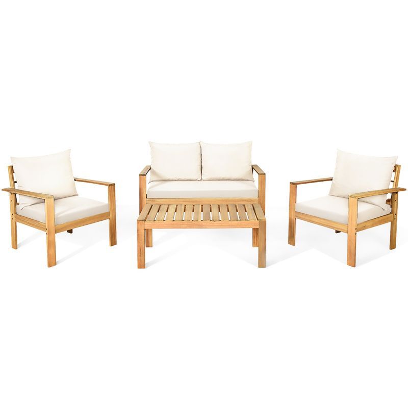 Costway 4PCS Patio Furniture Set Acacia Wood Thick Cushion Loveseat Sofa Off White\Turquoise\Grey | Target