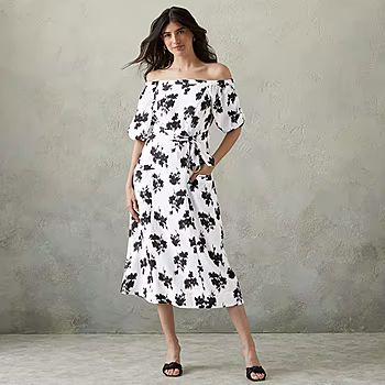 new!Prabal Gurung for JCPenney Off the Shoulder Elbow Sleeve Midi Fit + Flare Dress | JCPenney
