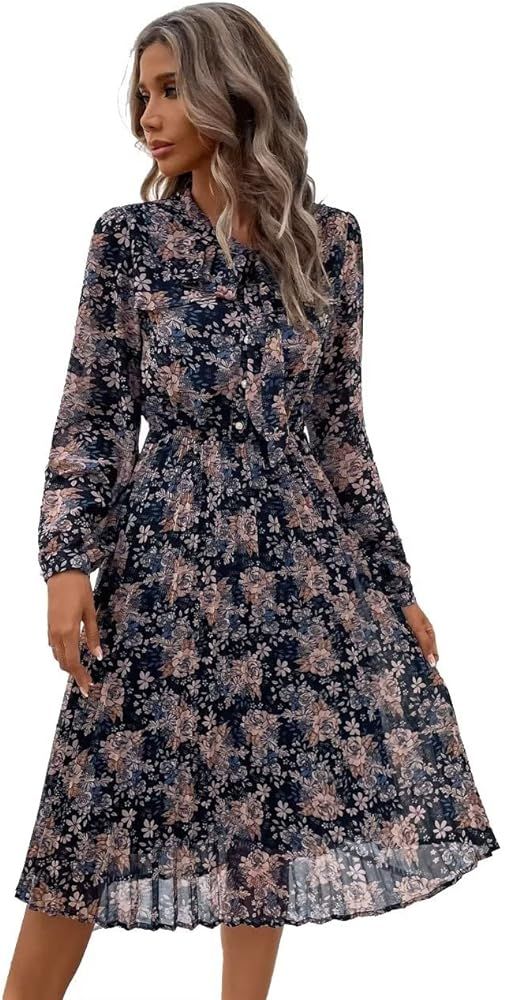 HAOKEKE Women Print Dress Long Sleeves Chiffon Dress Retro Brown Grid Pleated Buttons Down Bow Tie F | Amazon (US)