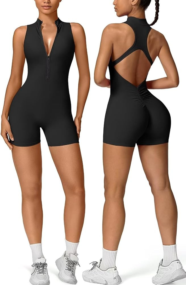 Vertvie Workout Jumpsuits for Women Zip Up Tummy Control Sleeveless One Piece Rompers Shorts V Ba... | Amazon (US)