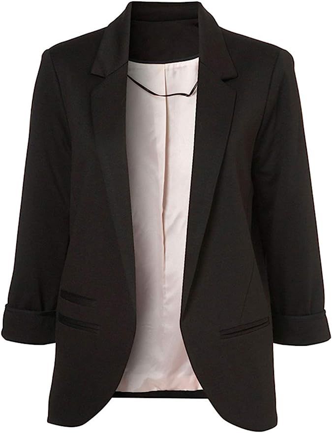 Lrady Womens Casual Blazer Open Front 3/4 Sleeve Notched Lapel Pocket Work Office Jacket Suit | Amazon (US)