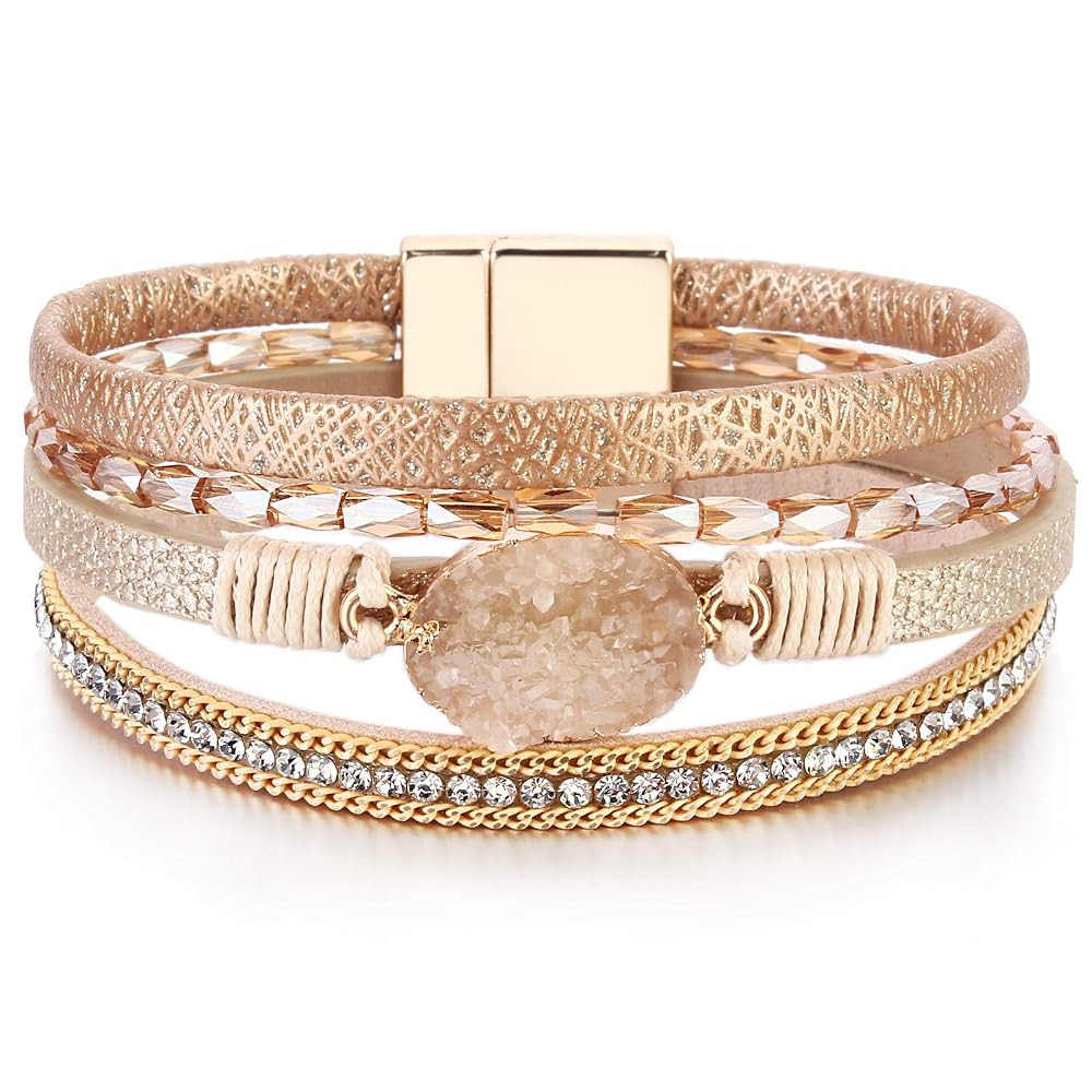 FANCY SHINY Leather Wrap Bracelet Boho Cuff Bangle Bracelets Crystal Bead Bracelet with Magnetic ... | Amazon (US)