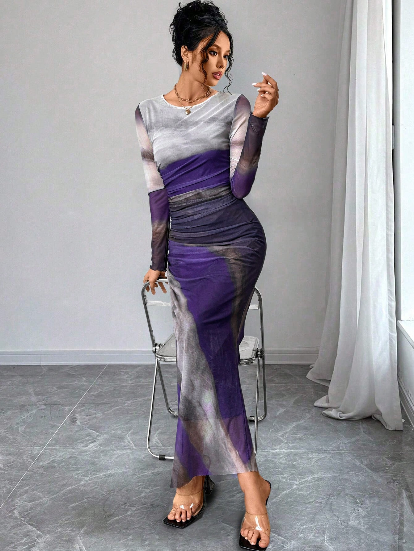 SHEIN Raffinéa Crew Neck Long Sleeve All-Over Print Casual Dress | SHEIN USA | SHEIN