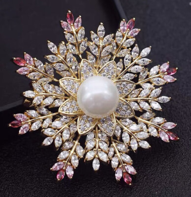 Natural 9-10mm White Pearl Crystal Snowflake Brooches 18KGP For Women | eBay US