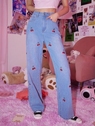 ROMWE Sweetness Cherry Embroidery Jeans | SHEIN