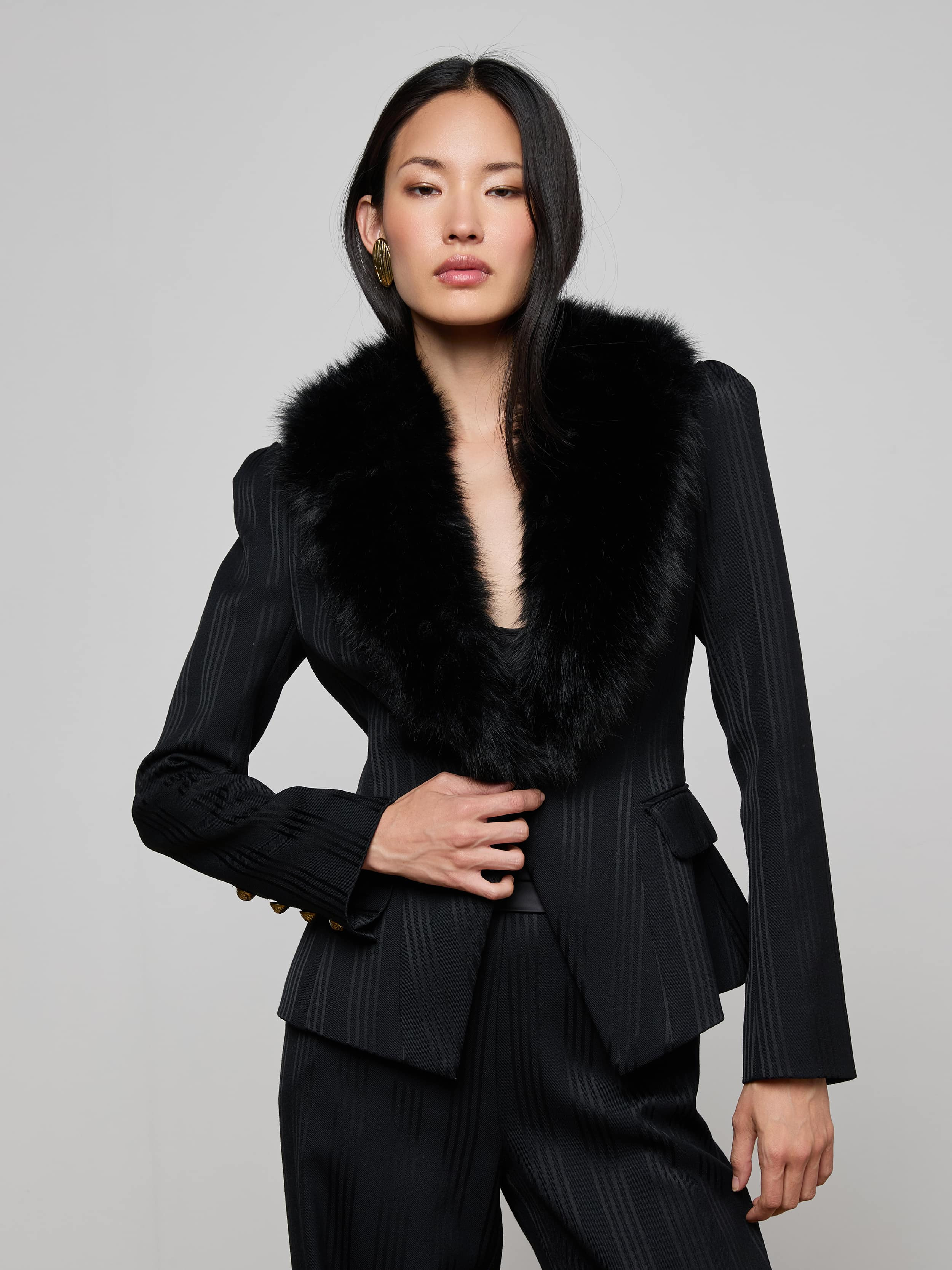 Kaisley Faux Fur Collar Blazer in Black Shadow Stripe | L'AGENCE | L'Agence