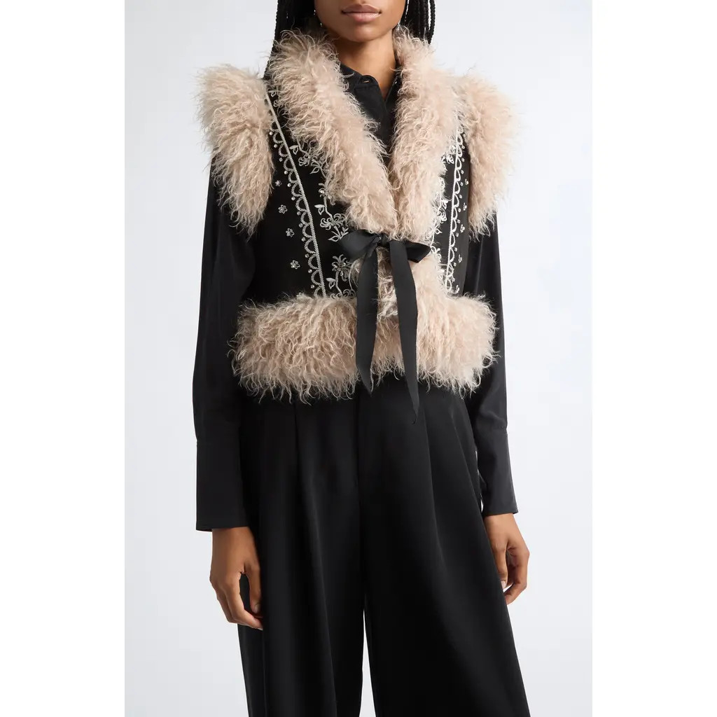 Cinq à Sept Amaranthe Faux Fur Trim Embroidered Vest in Black/dark Gardenia at Nordstrom, Size Medium | Nordstrom