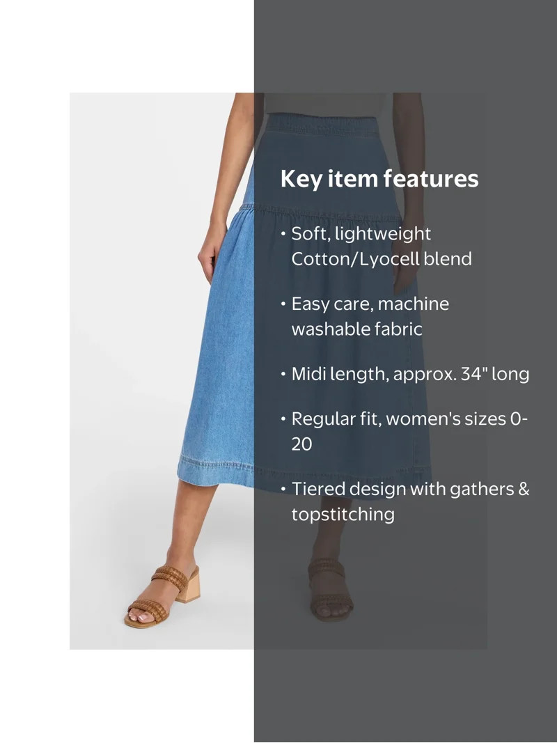 Time and Tru Women's Drapey Denim Midi Skirt, Sizes 0-20 | Walmart (US)