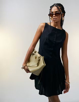 ASOS DESIGN slash neck button down dropped waist mini dress in black | ASOS | ASOS (Global)