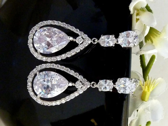 Wedding Bridal Earrings BIG Halo White Clear Pear Shaped Cubic Zirconia Hoop Platinum Plated Post... | Etsy (US)