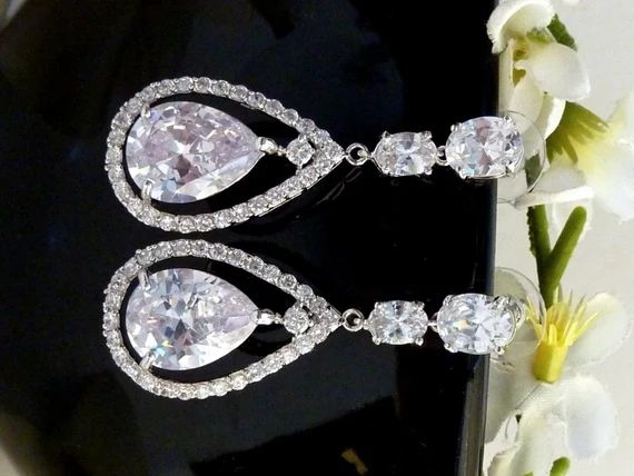 Wedding Bridal Earrings BIG Halo White Clear Pear Shaped Cubic Zirconia Hoop Platinum Plated Post... | Etsy (US)
