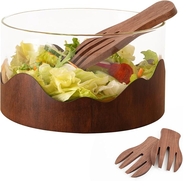 YUHFERA Wooden Salad Bowl Set - with Walnut Wooden Salad Tongs for Serving, Decorative Glass Ligh... | Amazon (US)