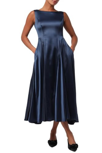 Lulus Blanche Satin Women's Wedding Guest Midi Dress, Navy, Medium | Amazon (US)