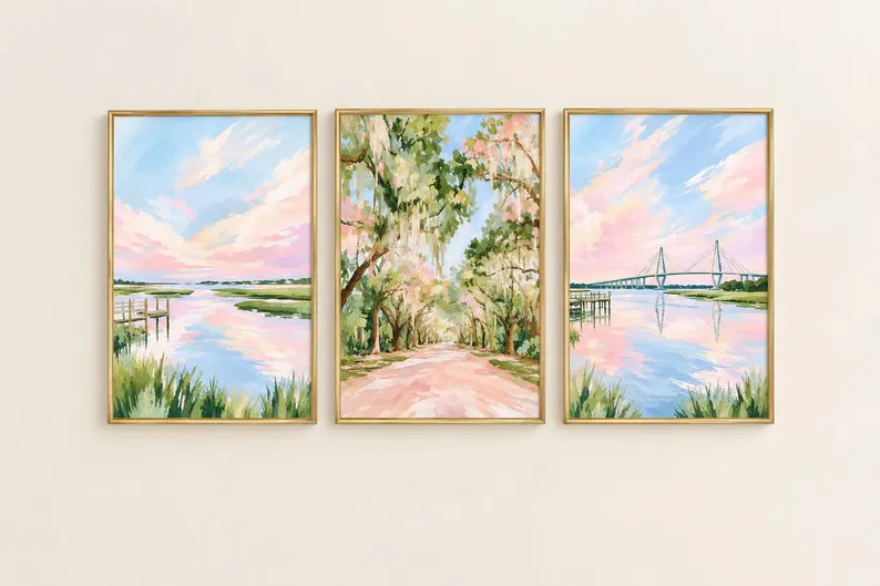 Charleston Wall Art Set of 3, Preppy Coastal Prints, Lowcountry Wall Art, Pastel Dorm Room Decor,... | Etsy (Global)