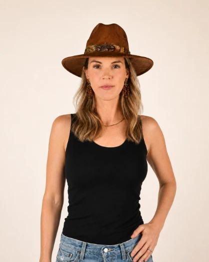 Light Brown Suede Hat with Brown Multi Color Feather Light Brown Suede Hat | Baldiz