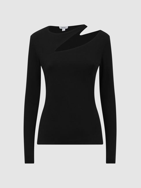 Reiss Black Myla Cotton Cut-Out Long Sleeve Top | Reiss UK