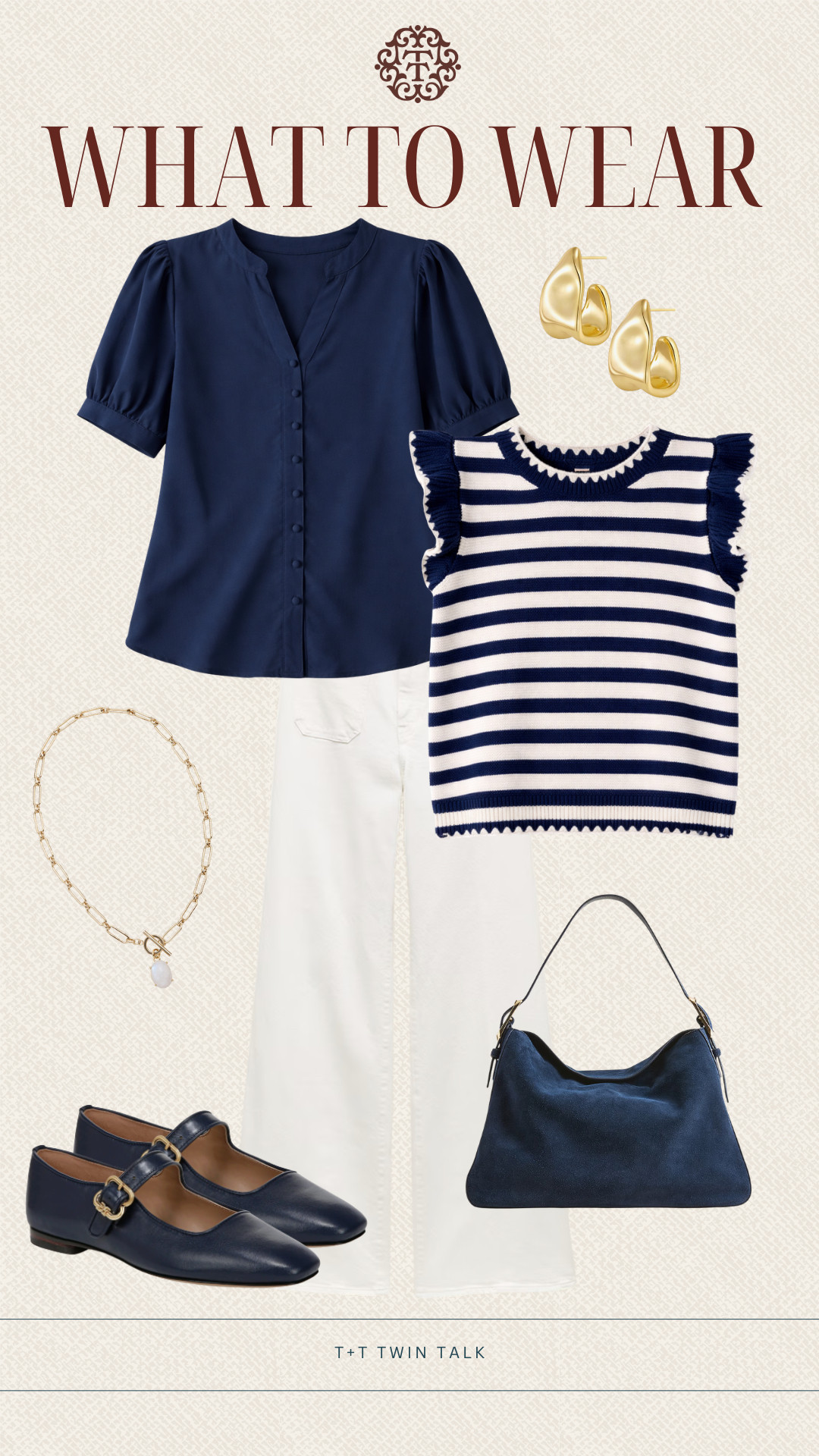 T+T, what to wear! We paired these navy Social Threads tops with a neutral pant to keep a chic look. Mary Jane flats are the perfect addition with a statement bag from J. Crew. For accessories we grabbed simple gold hoops and a gold necklace to pull the look together! 

 #LTKSeasonal #LTKOver40 #LTKMidsize