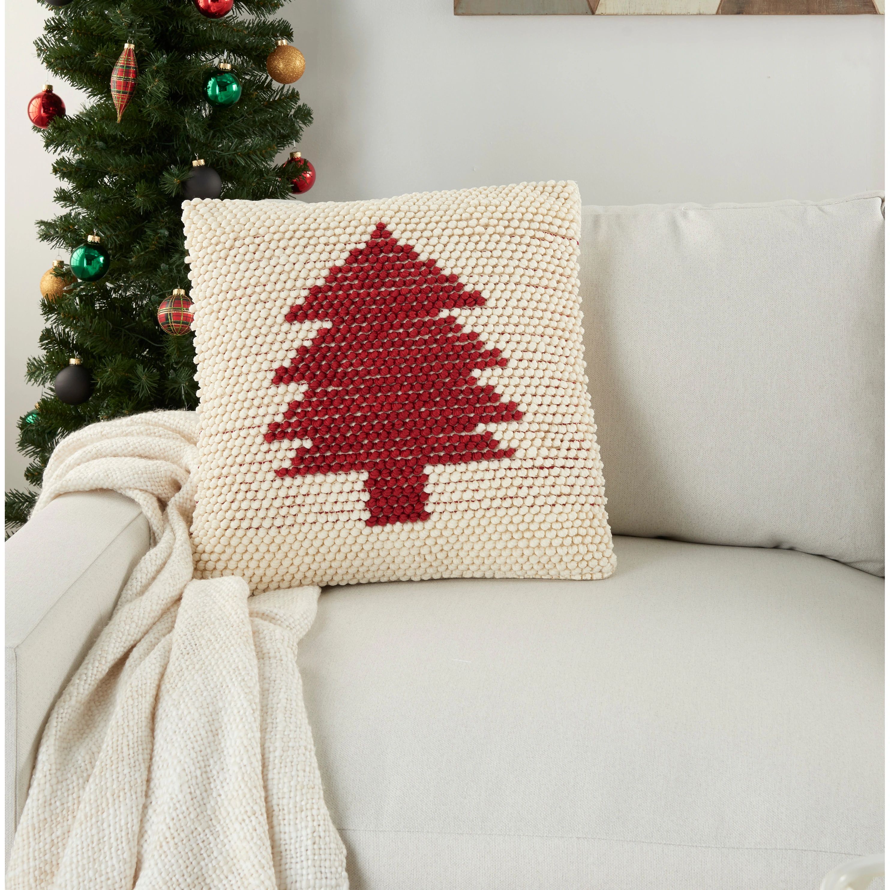 Mina Victory Home for the Holiday Christmas Tree Loops Ivory/Red Throw Pillow by Nourison (20-Inch X | Bed Bath & Beyond