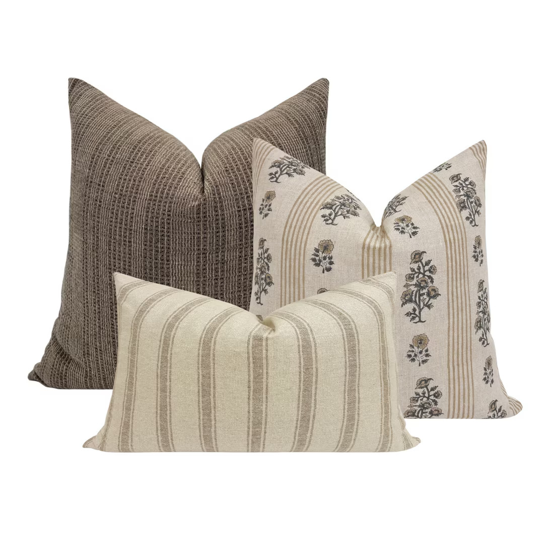 PILLOW COMBO Set of Three Designer Pillow Covers, Neutral Combo, Floral Linen and Striped Pillow ... | Etsy (US)