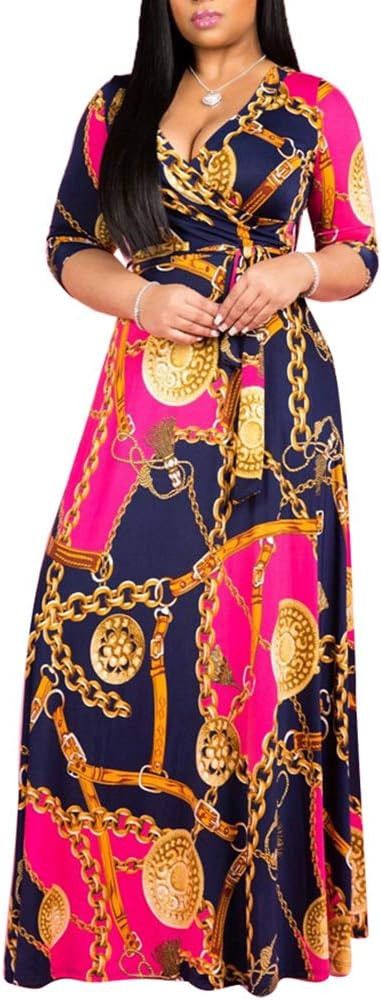 BFFBABY Women's Wrap V Neck Plus Size Maxi Dresses 3/4 Sleeves Chain Floral Printed Swing Dress w... | Amazon (US)