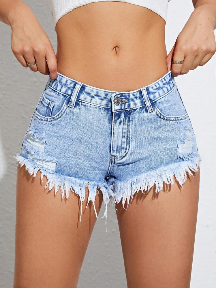 SHEIN EZwear Ripped Raw Hem Denim Shorts Y2k | SHEIN