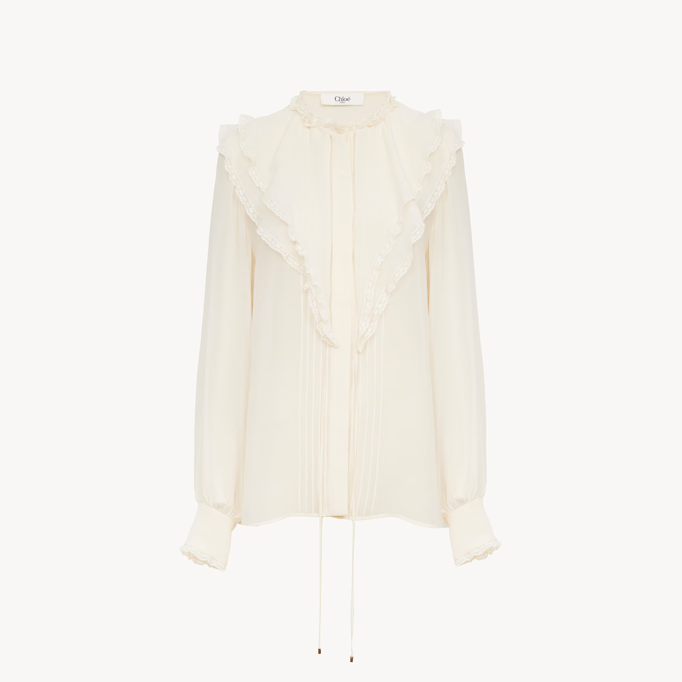 Chloé - Ruffled blouse in silk georgette - Dusty White - 36 - Silk | Chloe US