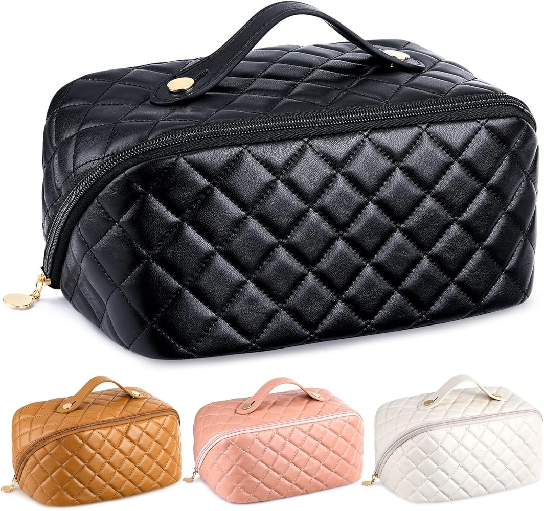 Large Capacity Travel Cosmetic Bag Portable PU Leather Waterproof Travel Makeup Bag Flat Open Bag... | Amazon (US)