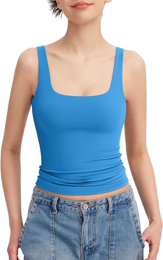 PUMIEY Women's Square Neck Tank Top Sleeveless Double Lined Basic Tops Sharp Collection | Amazon (US)