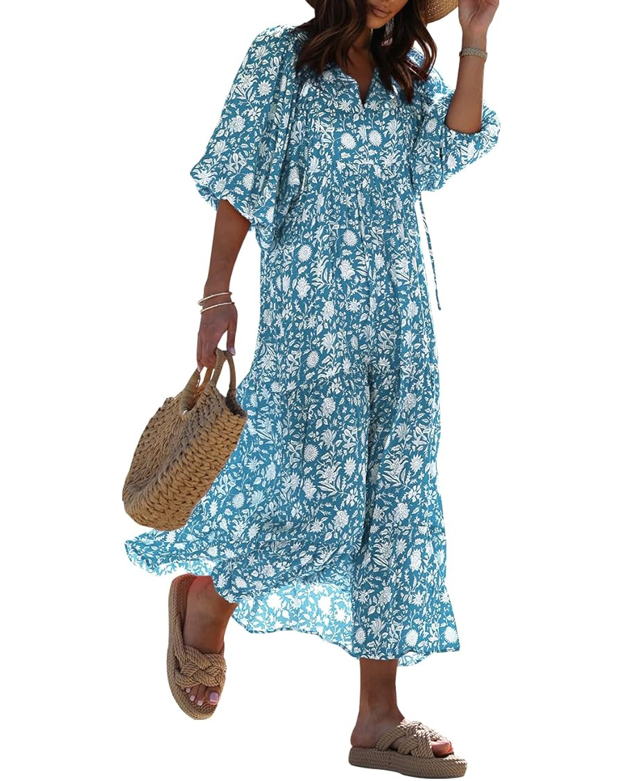 miduo Womens Loose Fit Casual Summer V Neck Half Sleeve Bohemian Geometric Pattern Maxi Long Dres... | Amazon (US)