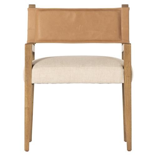 Ely Rustic Cream Performance Seat Brown Wood Leather Dining Arm Chair | Kathy Kuo Home