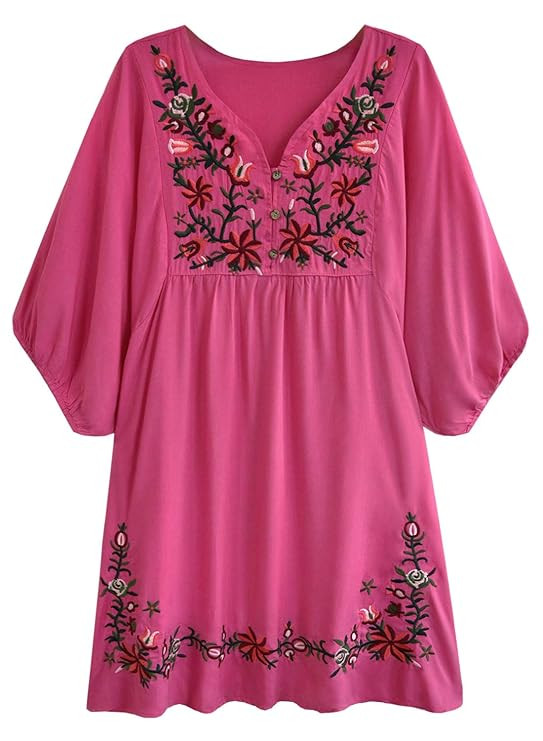 futurino Women's Bohemian Embroidery Floral Tunic Shift Blouse Flowy Mini Dress | Amazon (US)