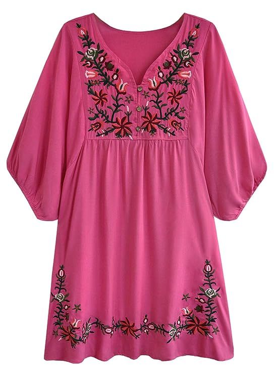 futurino Women's Bohemian Embroidery Floral Tunic Shift Blouse Flowy Mini Dress | Amazon (US)