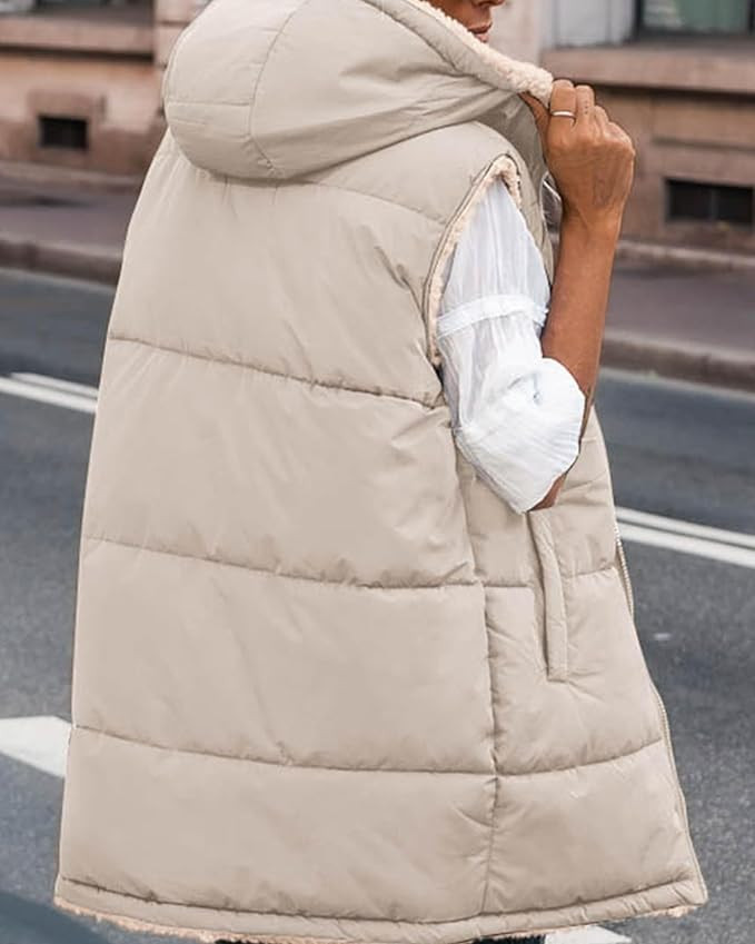 BTFBM Fall Long Puffer Vest Women Sleeveless Hooded Reversible Fleece Sherpa Jacket Zip Up Winter... | Amazon (US)