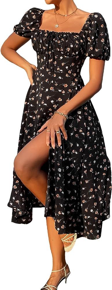 SHENHE Women's Square Neck Floral Split Thigh Puff Short Sleeve Long Boho Dresses | Amazon (US)