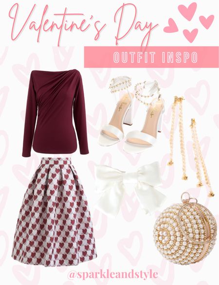 Valentine’s Day Outfit Inspo: This jacquard maroon and white heart print skirt is classy and chic! I styled it with this maroon ruched top, white pearl block heels, gold pearl drop earrings, a white hair bow, and this adorable gold and pearl circle purse! ♥️✨🤍

Valentine’s Day outfit, Valentine’s Day styles, Valentine’s Day fashion, Galentine’s Day outfit, Galentine’s Day styles, Galentine’s Day fashion

#LTKunder100 #LTKitbag #LTKstyletip