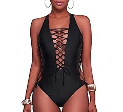 Holipick Women Sexy One Piece Swimsuit Lace Up Bathing Suit Plunge V Neck Swimwear | Amazon (US)