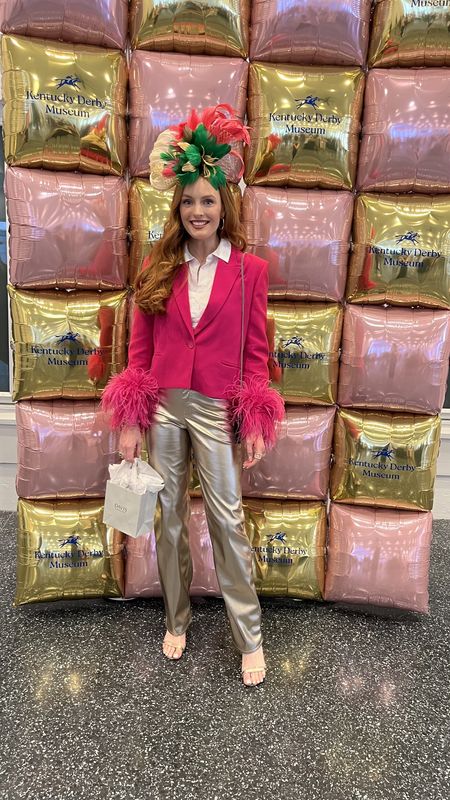 Today’s outfit for a derby hat show 🌸🩷 
Wearing size 6 long in the express pants. 

Kentucky derby style - derby - thurby - oaks - fascinator - feather blazer - derby hat - party outfit - metallic pants - express - metallic leather pants - derby party - Gucci - Gucci handbag 

#LTKSeasonal #LTKitbag #LTKparties