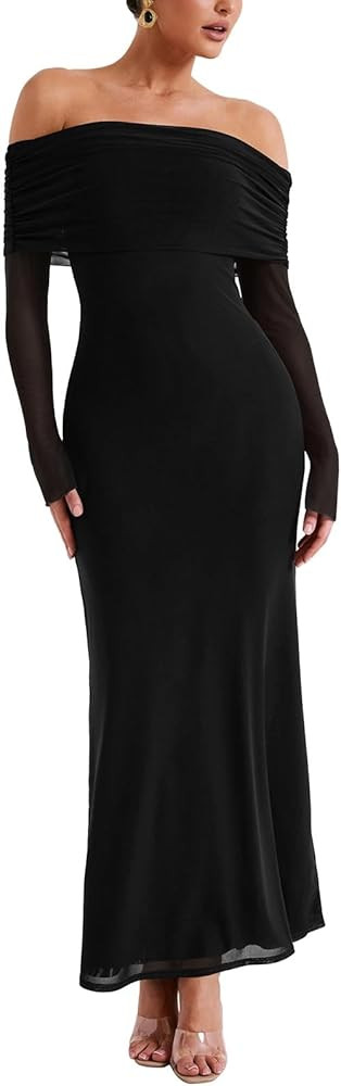 REORIA Womens Off Shoulder Long Sleeve Stretch Mesh Double Lined Bodycon Formal Wedding Guest Max... | Amazon (US)