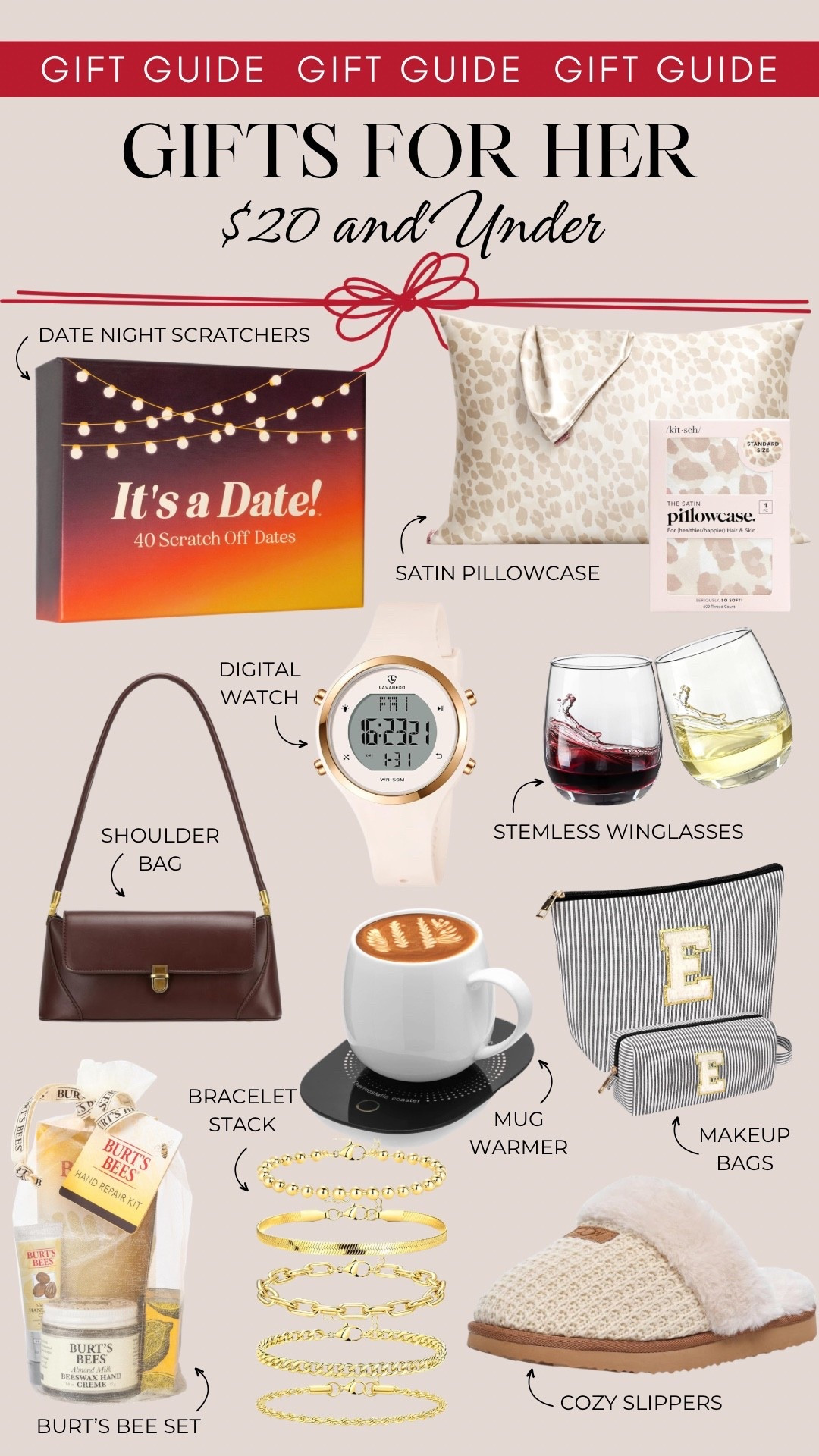 Gifts for her $20 and under include date night scratchers, a satin pillowcase, shoulder bag, digital watch, stemless wine glasses, Burt’s Bees set, bracelet stock, mug warmer, makeup bags and cozy slippers.

Gifts for her, gifts for mom, gifts under 20, under $25

#LTKHoliday #LTKOver40 #LTKGiftGuide