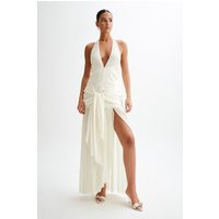 Graziana Satin Chiffon Plunge Maxi Dress - Ivory | MESHKI US