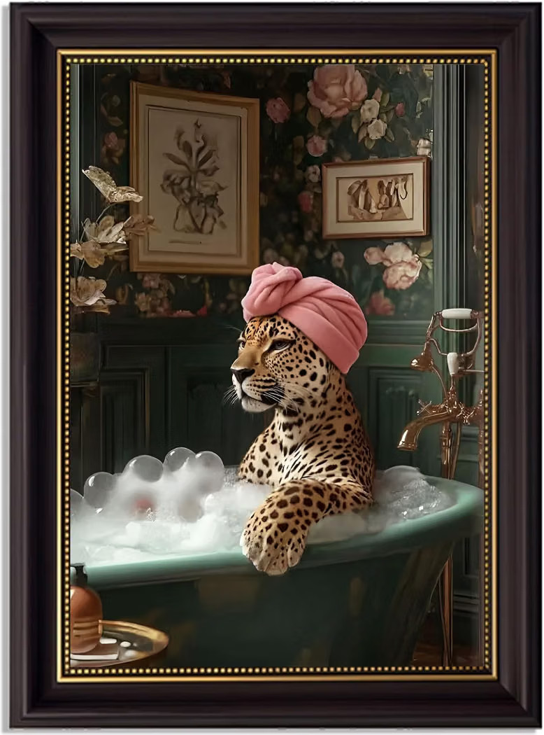 Devunaty Framed Funny Leopard in Bathtub Bathroom Wall Art Vintage Green Floral Animal Canvas Pri... | Amazon (US)