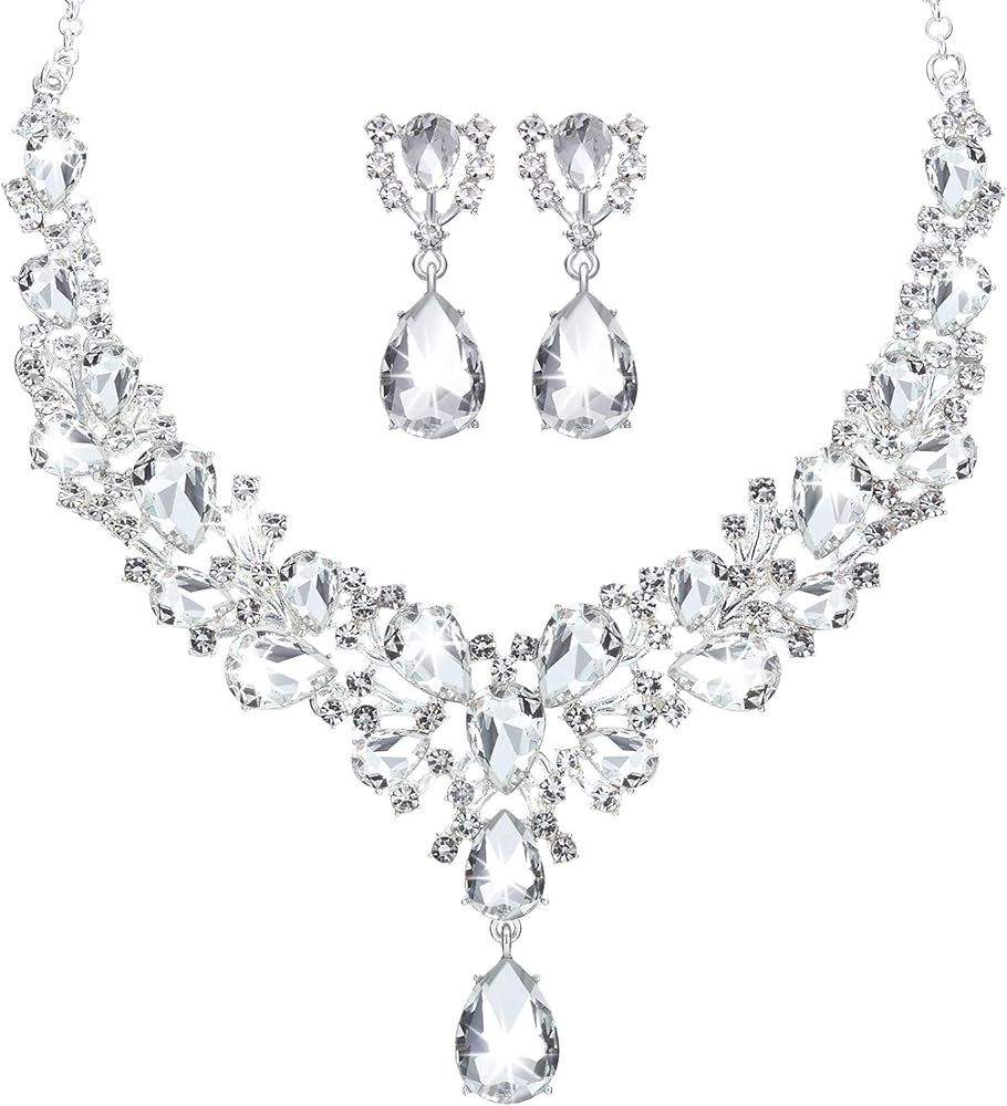 Hicarer Bridal Teardrop Cluster Crystal Jewelry Set for Women Necklace Earrings Wedding | Amazon (US)