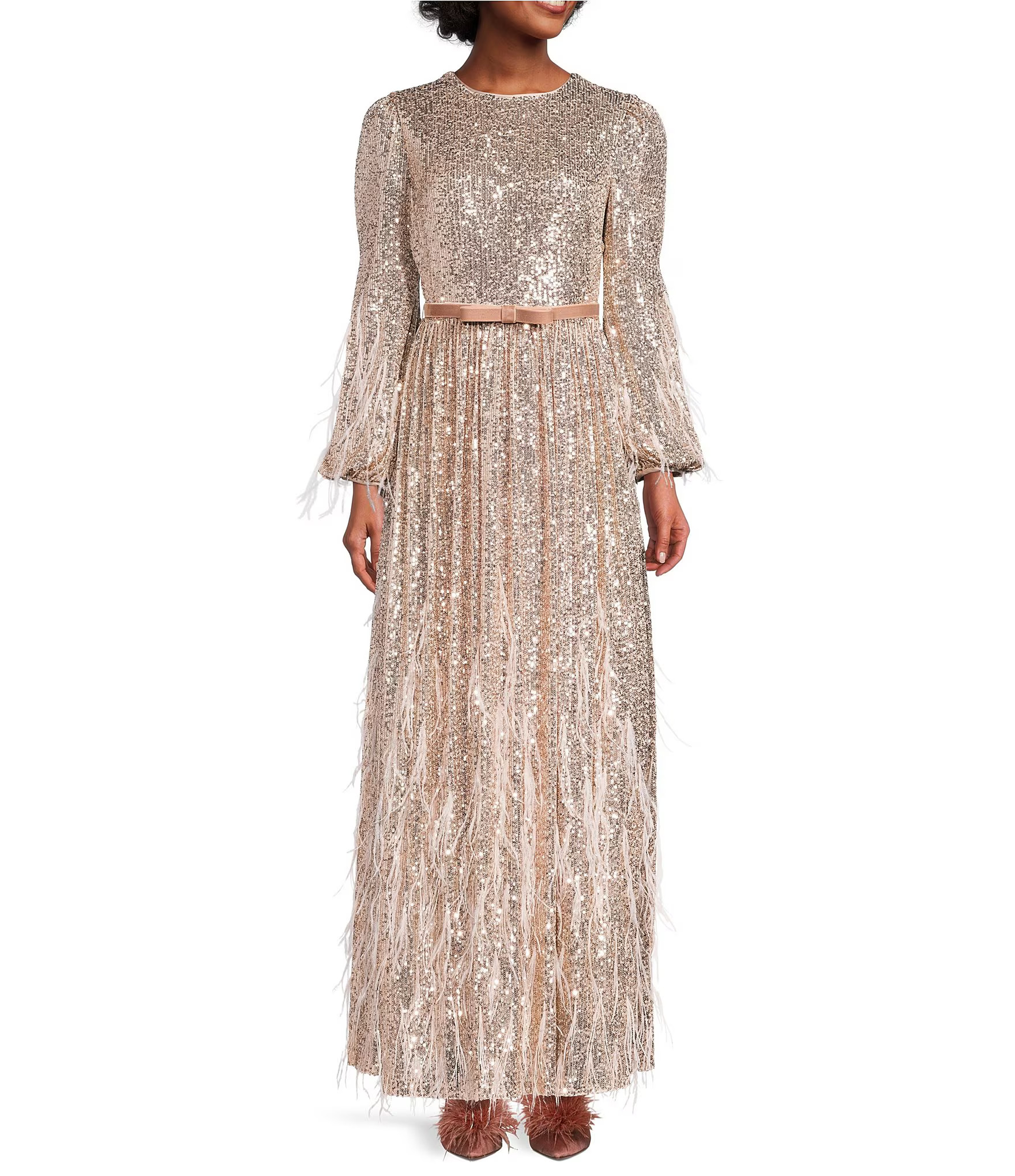 x Nicola Bathie Nicola Sequin Crew Neck Long Sleeve Belted Feathered A-Line Midi Dress | Dillard's