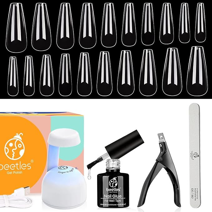 Beetles Coffin Nail Tips Nail Gel Kit, 2 In 1 Nail Gel Base Coat with Long False Nail U V LED Nai... | Amazon (US)