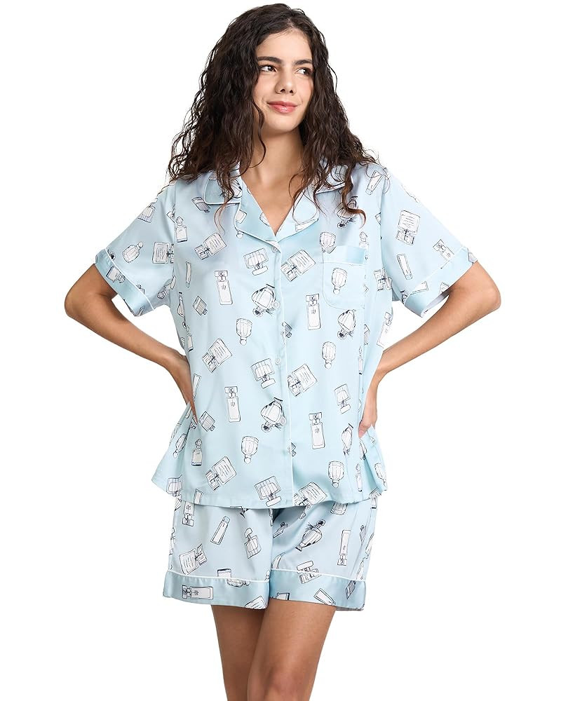 Womens Silk Satin Shorts Pajamas Set Button Down 2 Piece Pjs Short Sleeve Oversized Sleepwear wit... | Amazon (US)