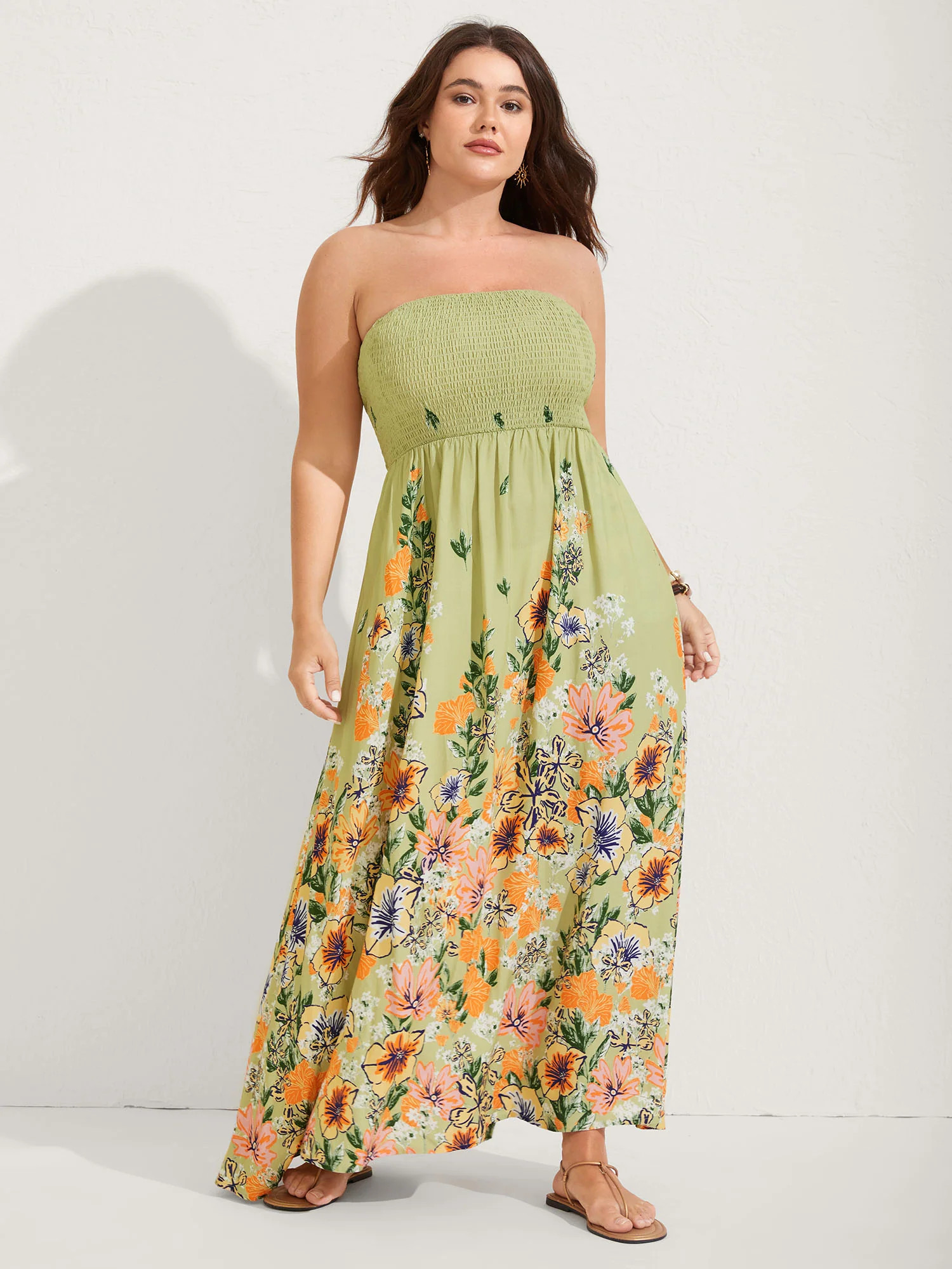 Shirred Off-Sleeve Floral Print Maxi Dress | Bloomchic