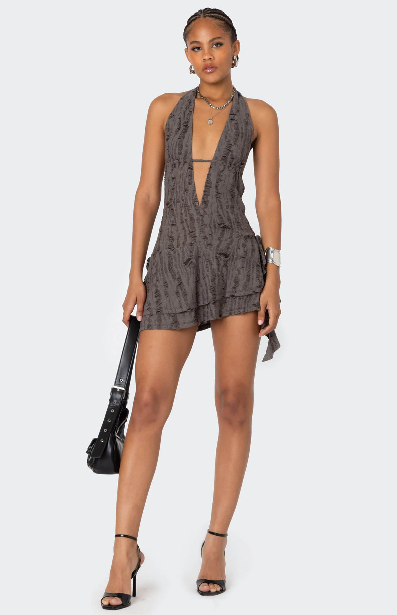 Edikted Women's Shredded Backless Halter Mini Dress in Brown - Size XL | PacSun
