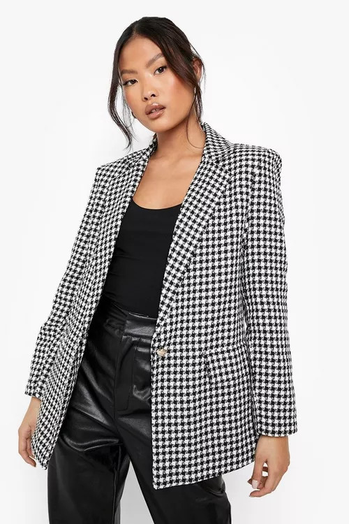 Petite Dogtooth Metal Button Blazer | Boohoo.com (US & CA)