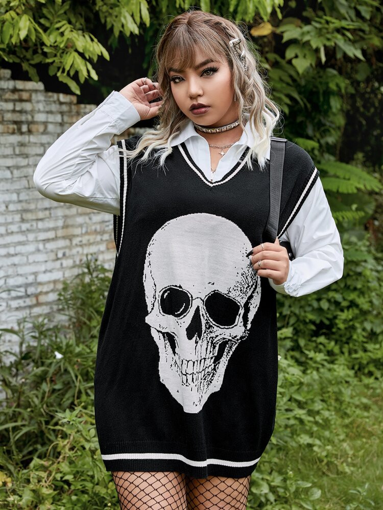 SHEIN Plus Grunge Skull Pattern Striped Trim Sweater Vest Without Blouse | SHEIN
