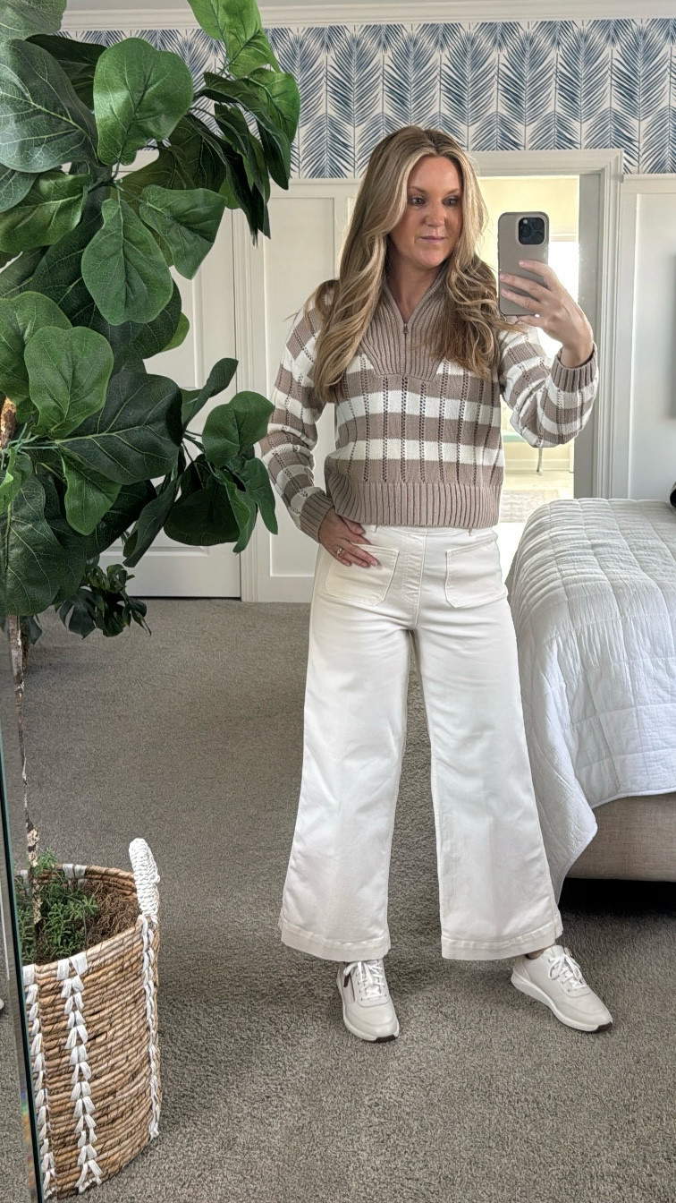 Beige and white spring sweater 
Vacation outfit
Spring outfit
Resort wear

Wearing small in Spanx to make it easier to pull on and off but should have gotten XS

Sweater XS

Shoes are a 7, sized up

#LTKSaleAlert #LTKPetite #LTKOver40